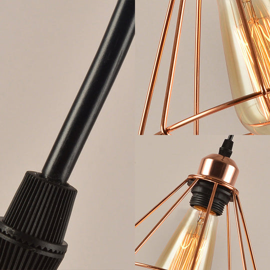 Loft Style Copper Diamond Caged Pendant Lamp - 3 Lights, Black Finish