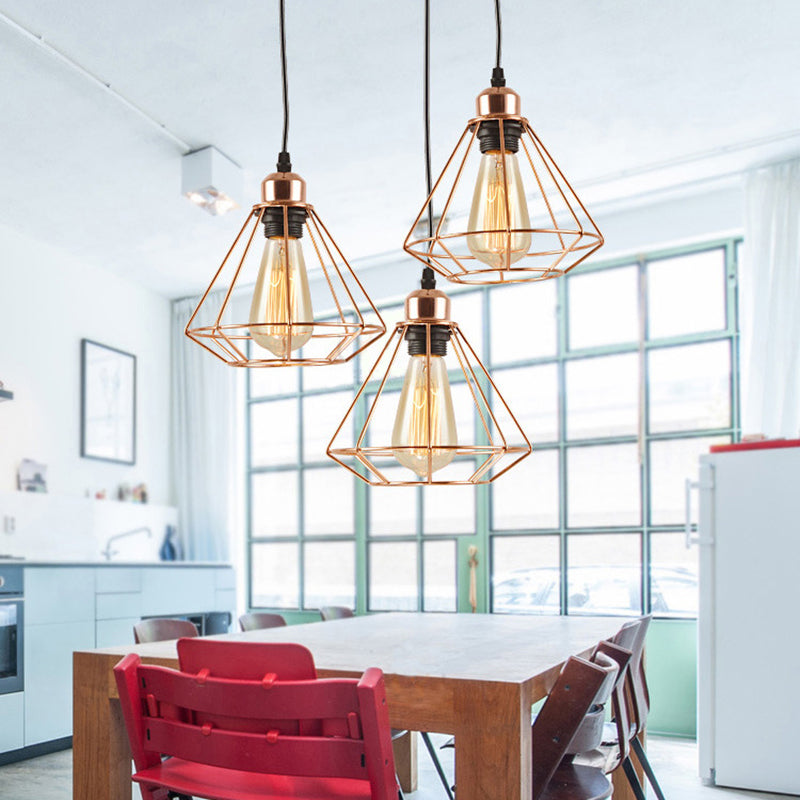 Copper Diamond Caged Pendant Lamp With 3 Lights And Loft Style In Black Finish / Round