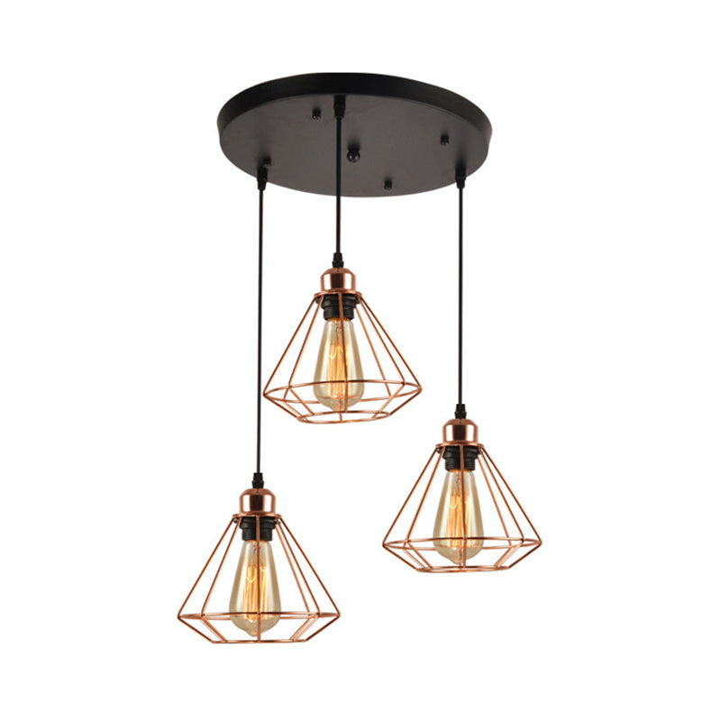 Loft Style Copper Diamond Caged Pendant Lamp - 3 Lights, Black Finish