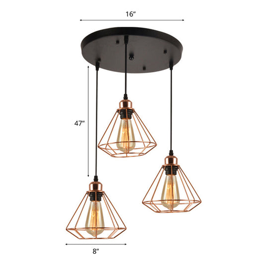 Loft Style Copper Diamond Caged Pendant Lamp - 3 Lights, Black Finish