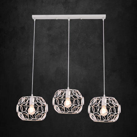 White Iron Globe Pendant Light with Wire Frame - Industrial, Hotel, Shop Lighting (3 Bulbs)