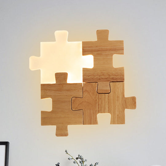 Nordic Led Wood Wall Mount Lamp - Beige Jigsaw Puzzle Sconce Light Fixture In White/Warm / Warm