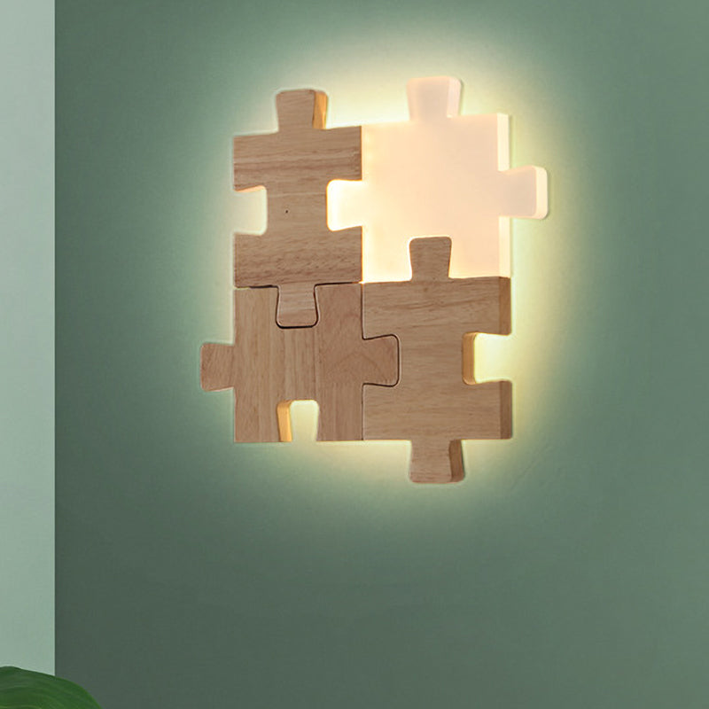 Nordic Led Wood Wall Mount Lamp - Beige Jigsaw Puzzle Sconce Light Fixture In White/Warm