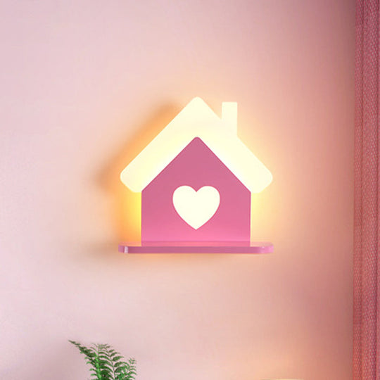 Iron House Kids Led Pink Wall Lamp With Heart Pattern In White/3 Color Light - Sconce