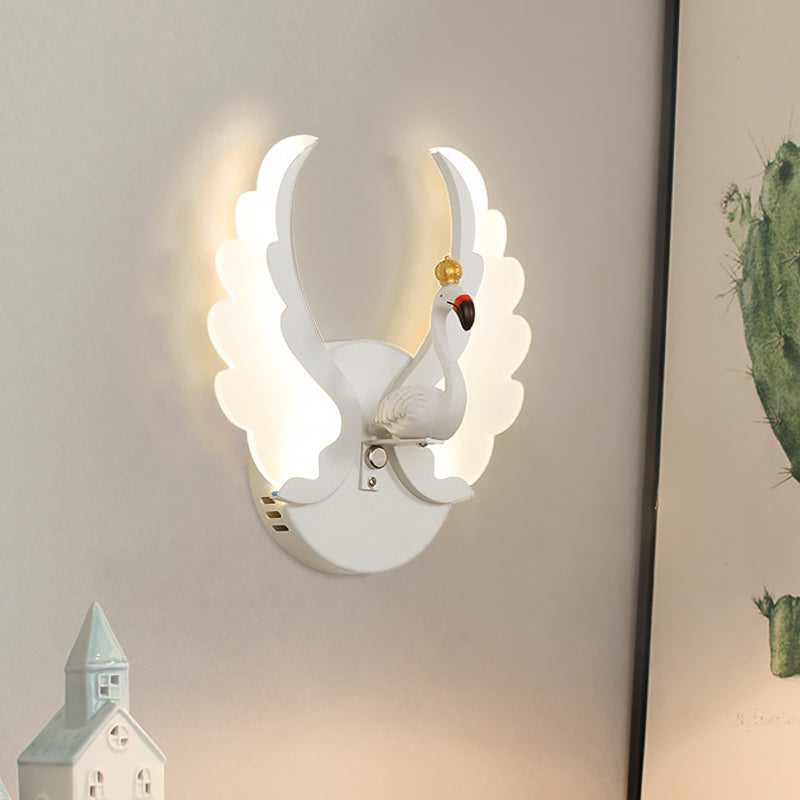 Swan Iron Wall Light Sconce - Cartoon White/Pink Led Lamp Fixture With Acrylic Wing & White/Warm