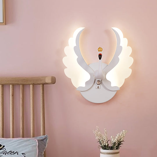 Swan Iron Wall Light Sconce - Cartoon White/Pink Led Lamp Fixture With Acrylic Wing & White/Warm