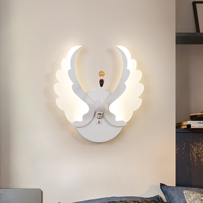 Swan Iron Wall Light Sconce - Cartoon White/Pink Led Lamp Fixture With Acrylic Wing & White/Warm