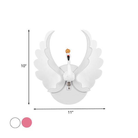 Swan Iron Wall Light Sconce - Cartoon White/Pink Led Lamp Fixture With Acrylic Wing & White/Warm