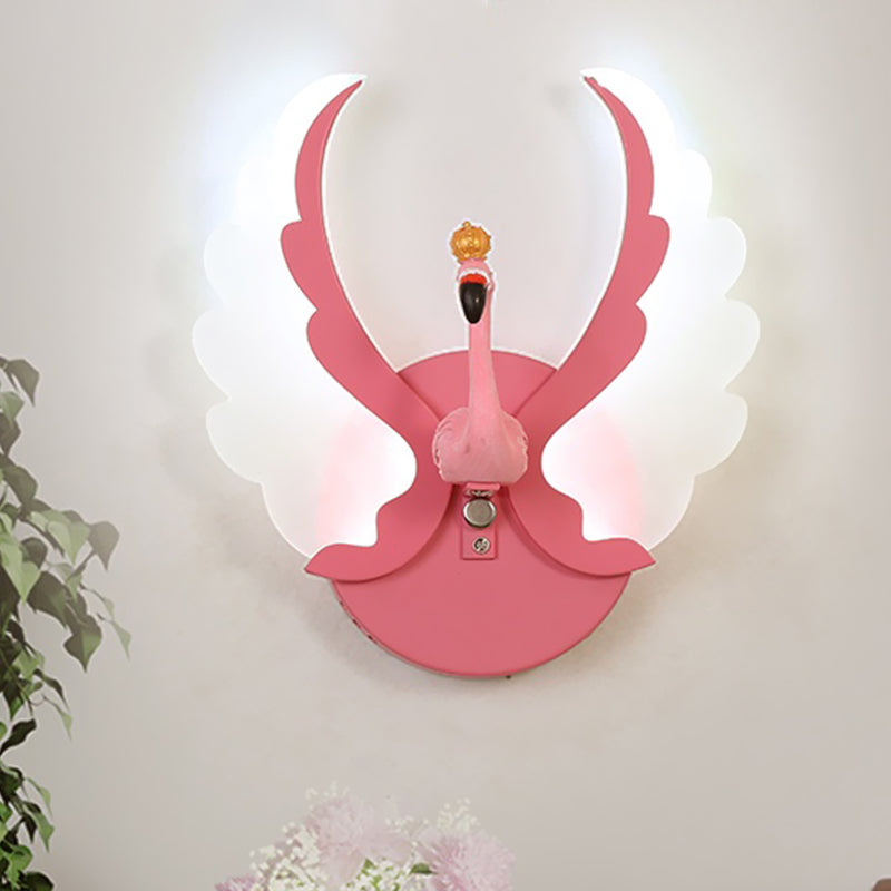 Swan Iron Wall Light Sconce - Cartoon White/Pink Led Lamp Fixture With Acrylic Wing & White/Warm