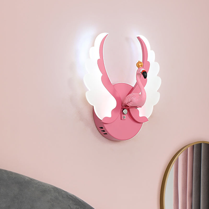 Swan Iron Wall Light Sconce - Cartoon White/Pink Led Lamp Fixture With Acrylic Wing & White/Warm