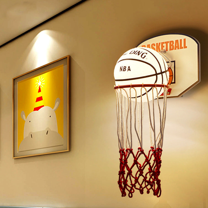 Kids Basketball Wall Light Sconce With Cartoon Basket Frame Shape And Opal Glass Shade In Red