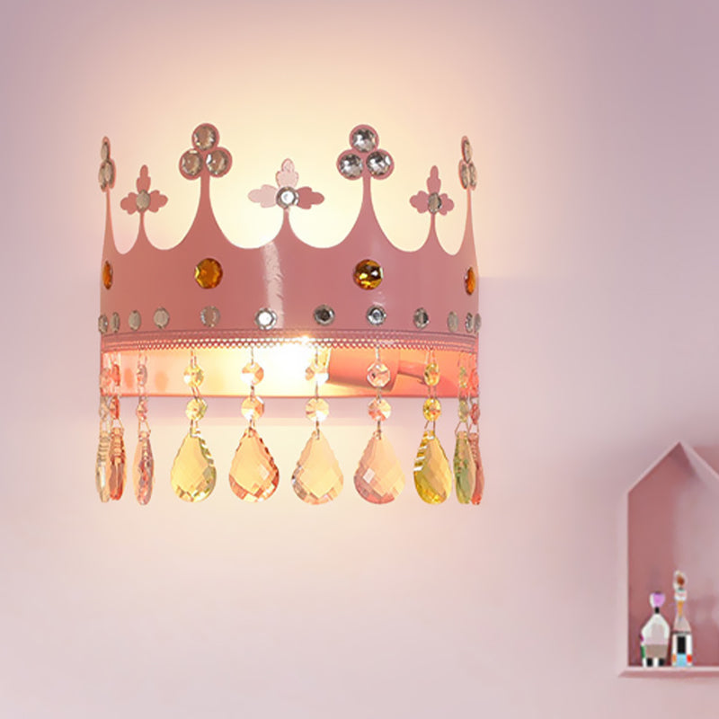 Cartoon Iron Led Pink/Gold Crown Sconce Light Fixture With Crystal Drop Deco