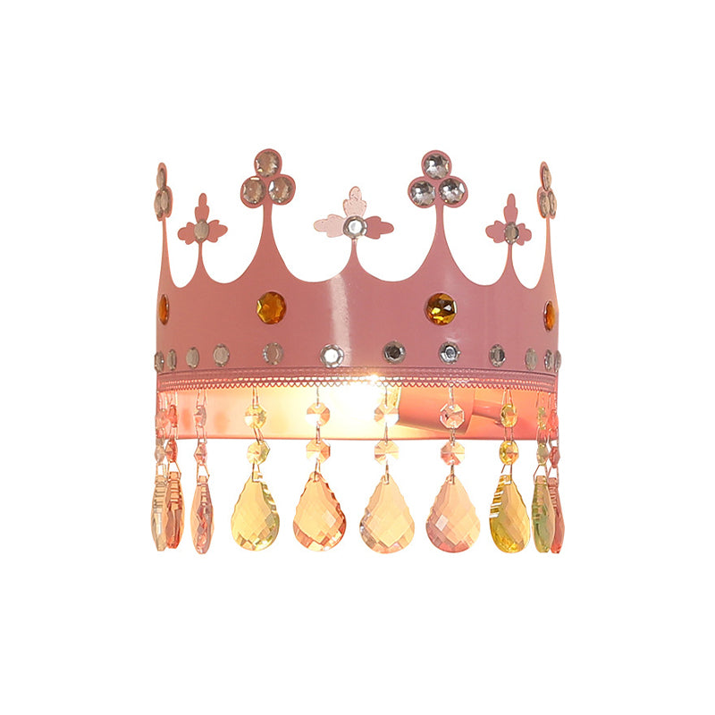 Cartoon Iron Led Pink/Gold Crown Sconce Light Fixture With Crystal Drop Deco