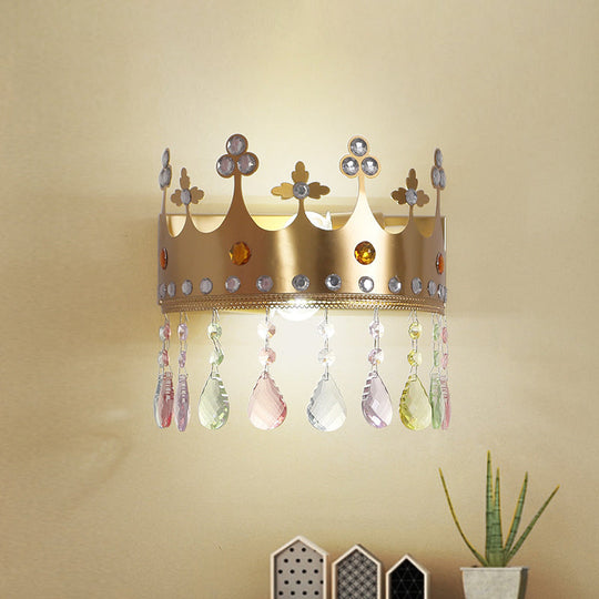 Cartoon Iron Led Pink/Gold Crown Sconce Light Fixture With Crystal Drop Deco