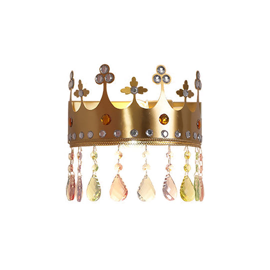 Cartoon Iron Led Pink/Gold Crown Sconce Light Fixture With Crystal Drop Deco