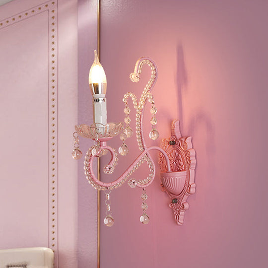 Pink Metal Cartoon Candle Sconce With Crystal Deco For Girls Bedside 1 /