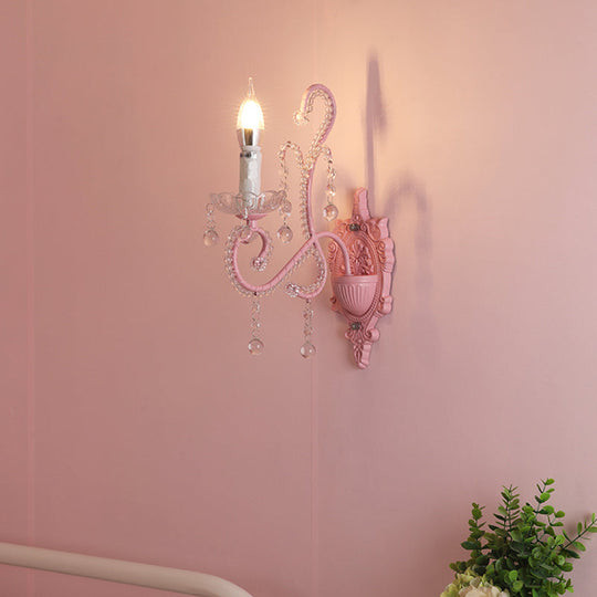 Pink Metal Cartoon Candle Sconce With Crystal Deco For Girls Bedside