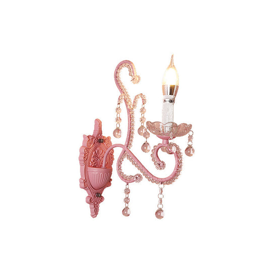 Pink Metal Cartoon Candle Sconce With Crystal Deco For Girls Bedside