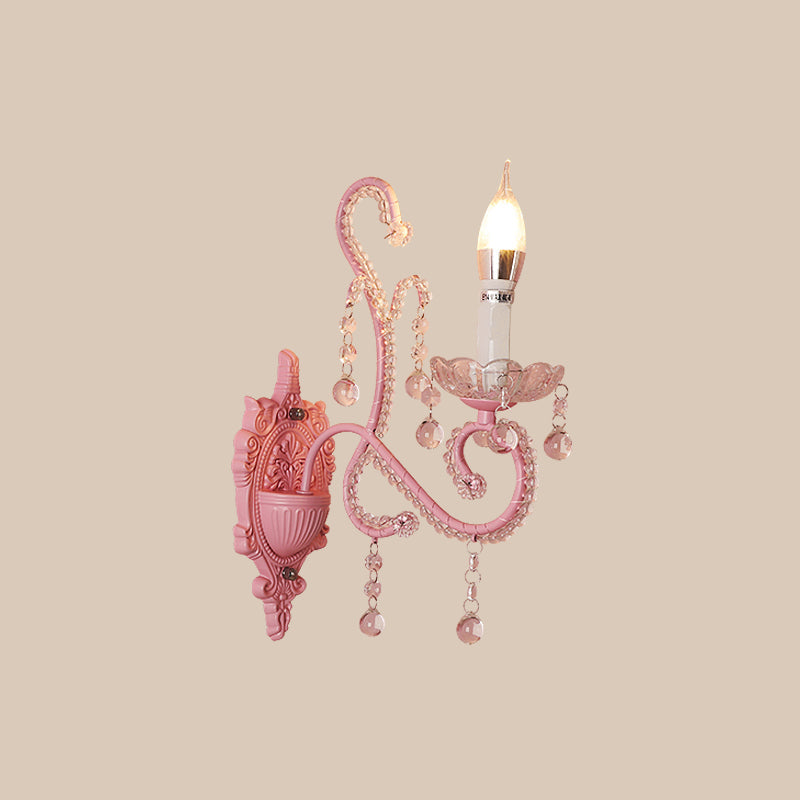 Pink Metal Cartoon Candle Sconce With Crystal Deco For Girls Bedside