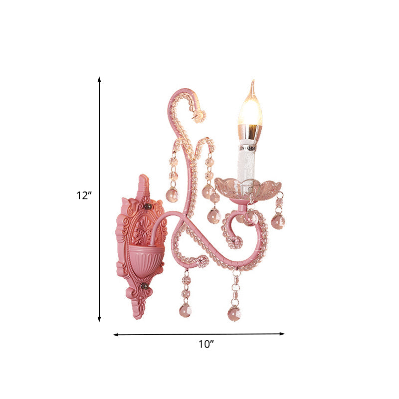 Pink Metal Cartoon Candle Sconce With Crystal Deco For Girls Bedside