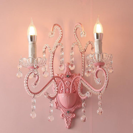 Pink Metal Cartoon Candle Sconce With Crystal Deco For Girls Bedside 2 /