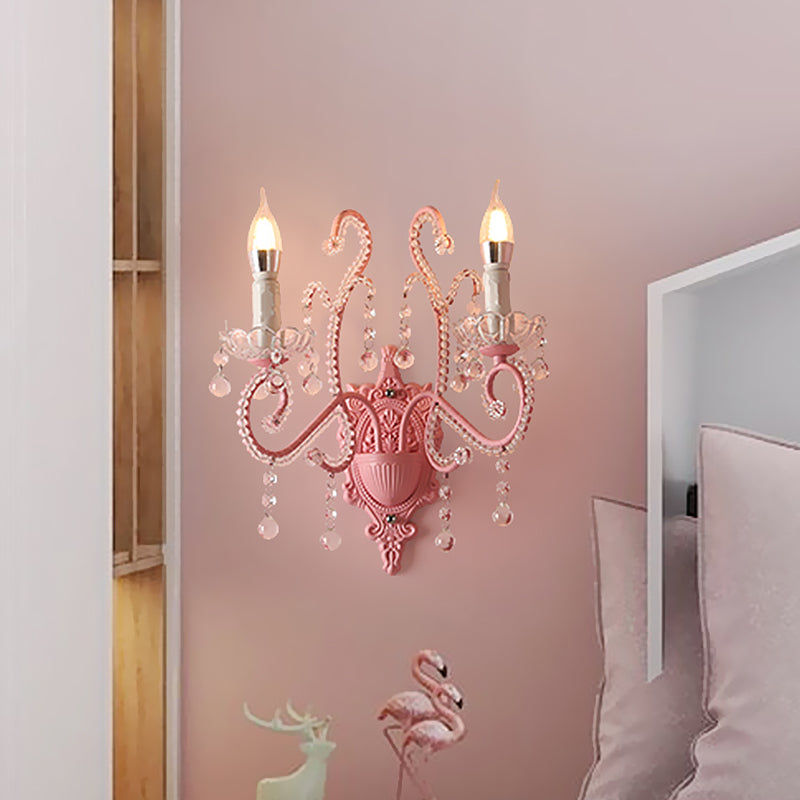 Pink Metal Cartoon Candle Sconce With Crystal Deco For Girls Bedside