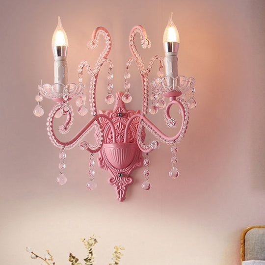 Pink Metal Cartoon Candle Sconce With Crystal Deco For Girls Bedside