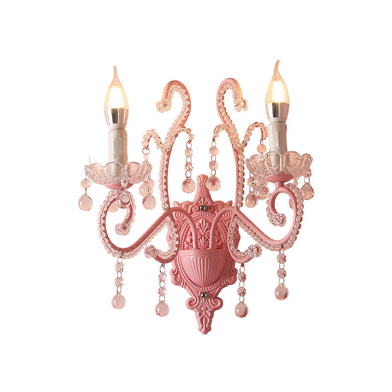 Pink Metal Cartoon Candle Sconce With Crystal Deco For Girls Bedside