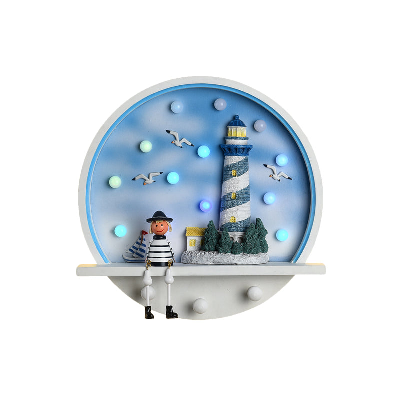 Wood Lighthouse Wall Sconce - Kids Led Round Light In White & Blue White/3 Color