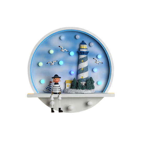 Wood Lighthouse Wall Sconce - Kids Led Round Light In White & Blue White/3 Color