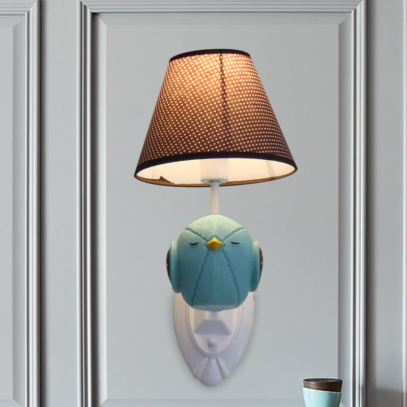 Bird Wall Mount Light Cartoon 1 Head Resin Sconce Lamp With Pink/Blue Color Cone Brown Fabric Shade