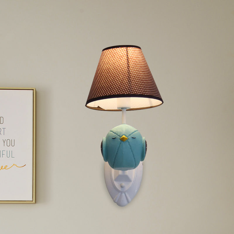 Bird Wall Mount Light Cartoon 1 Head Resin Sconce Lamp With Pink/Blue Color Cone Brown Fabric Shade