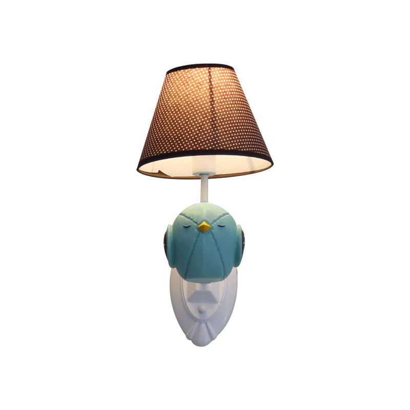 Bird Wall Mount Light Cartoon 1 Head Resin Sconce Lamp With Pink/Blue Color Cone Brown Fabric Shade