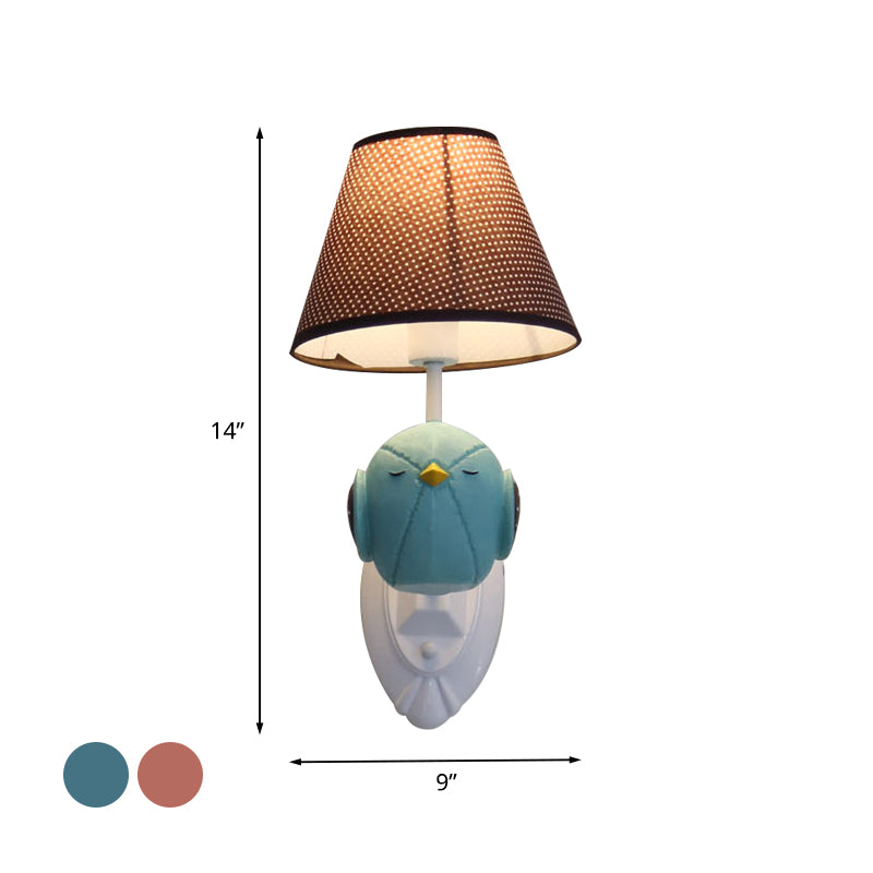 Bird Wall Mount Light Cartoon 1 Head Resin Sconce Lamp With Pink/Blue Color Cone Brown Fabric Shade