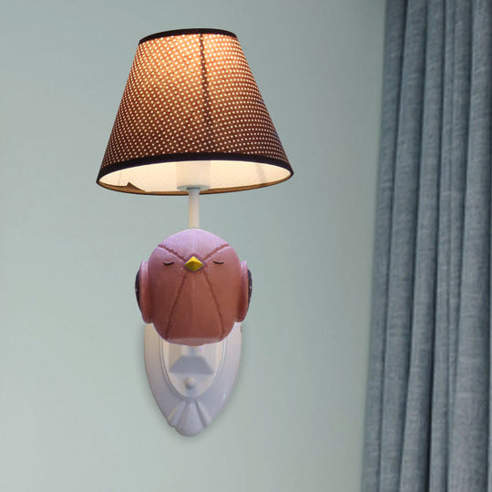 Bird Wall Mount Light Cartoon 1 Head Resin Sconce Lamp With Pink/Blue Color Cone Brown Fabric Shade