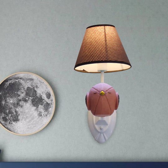 Bird Wall Mount Light Cartoon 1 Head Resin Sconce Lamp With Pink/Blue Color Cone Brown Fabric Shade