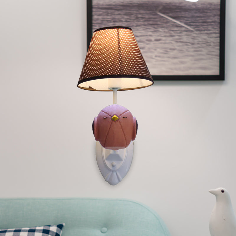 Bird Wall Mount Light Cartoon 1 Head Resin Sconce Lamp With Pink/Blue Color Cone Brown Fabric Shade