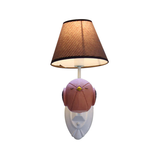 Bird Wall Mount Light Cartoon 1 Head Resin Sconce Lamp With Pink/Blue Color Cone Brown Fabric Shade