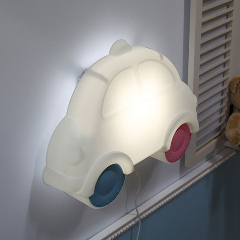 Cartoon Car Corner Wall Sconce - Led Plastic Lamp Fixture In White-Blue-Pink