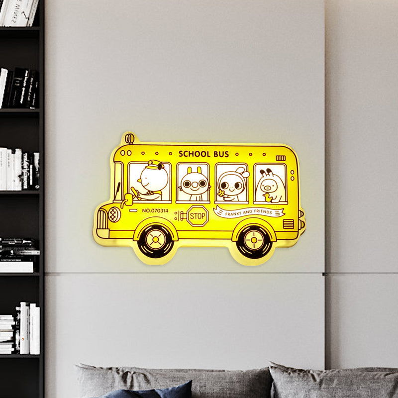 Yellow Bus Sconce Light: Cartoon Led Wall Lamp With Animal Pattern