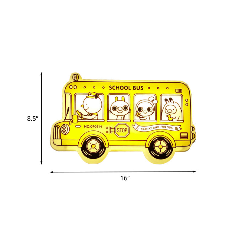 Yellow Bus Sconce Light: Cartoon Led Wall Lamp With Animal Pattern