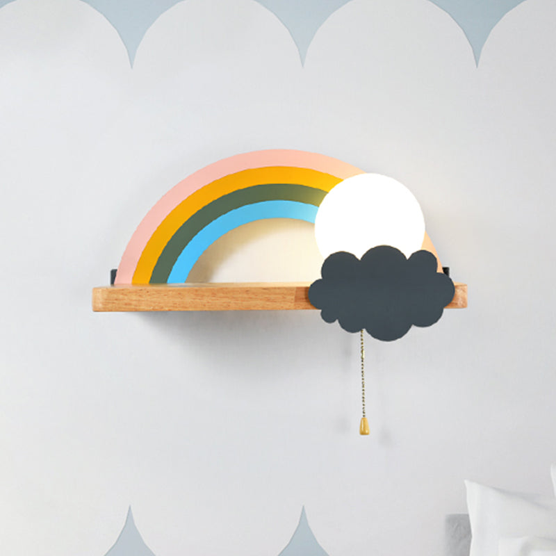 Rainbow Sun Sconce Light Cartoon Led Wall Lamp With Storage Rack - Brown Metal 1-Light Pull Chain