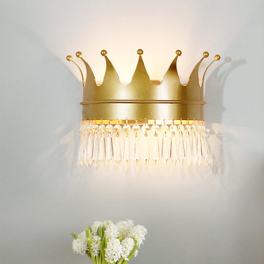 Metal Crown Wall Sconce Lighting - Cartoon 2 Head Gold Led Mount Lamp With Crystal Drop Deco / B