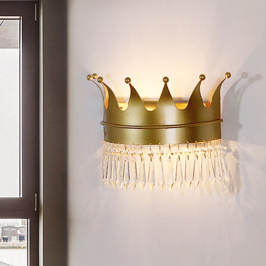 Metal Crown Wall Sconce Lighting - Cartoon 2 Head Gold Led Mount Lamp With Crystal Drop Deco