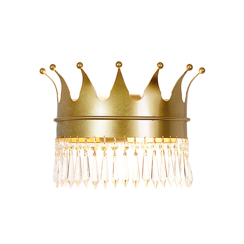 Metal Crown Wall Sconce Lighting - Cartoon 2 Head Gold Led Mount Lamp With Crystal Drop Deco