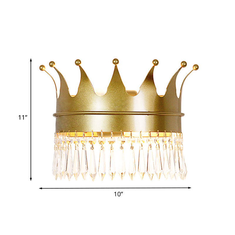 Metal Crown Wall Sconce Lighting - Cartoon 2 Head Gold Led Mount Lamp With Crystal Drop Deco