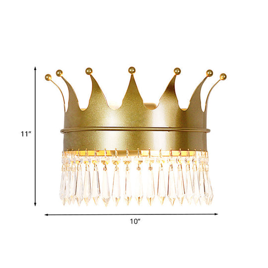 Metal Crown Wall Sconce Lighting - Cartoon 2 Head Gold Led Mount Lamp With Crystal Drop Deco