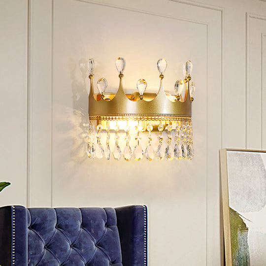 Metal Crown Wall Sconce Lighting - Cartoon 2 Head Gold Led Mount Lamp With Crystal Drop Deco