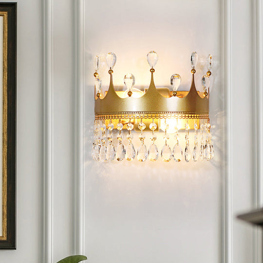 Metal Crown Wall Sconce Lighting - Cartoon 2 Head Gold Led Mount Lamp With Crystal Drop Deco