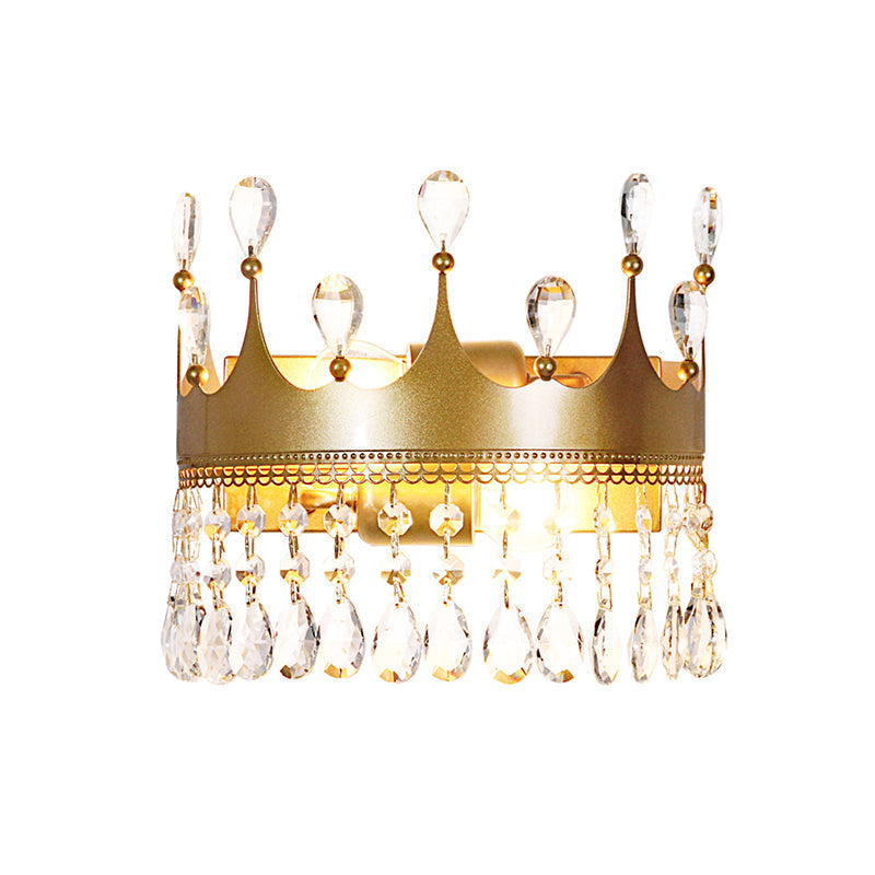 Metal Crown Wall Sconce Lighting - Cartoon 2 Head Gold Led Mount Lamp With Crystal Drop Deco